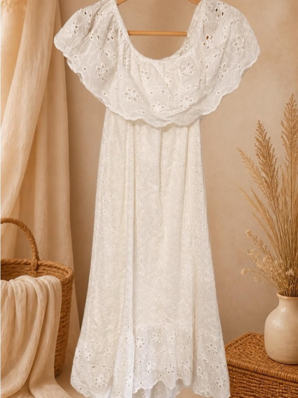 Umgee White Eyelet Maxi Dress with Off-Shoulder Ruffle